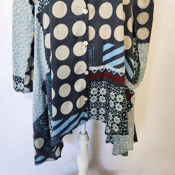 Tulip Women's Oversized Small Multi-Color Patchwork Asymmetric Button Tunic Top - Picture 3 of 15